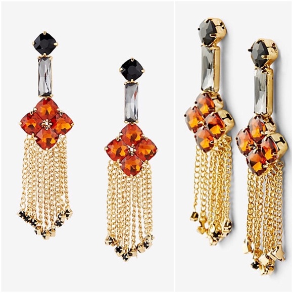 Express Jewelry - Topaz Stone Flower Gold Fringe Crystal Statement Earrings